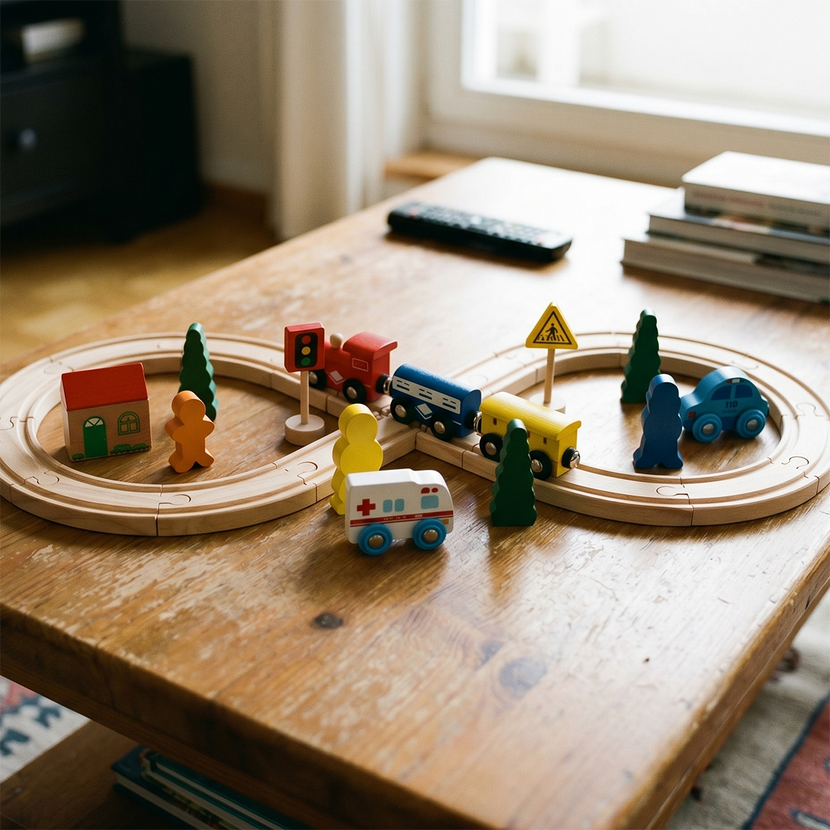 Top view of assembled wooden train track layout with colorful trains and scene accessories