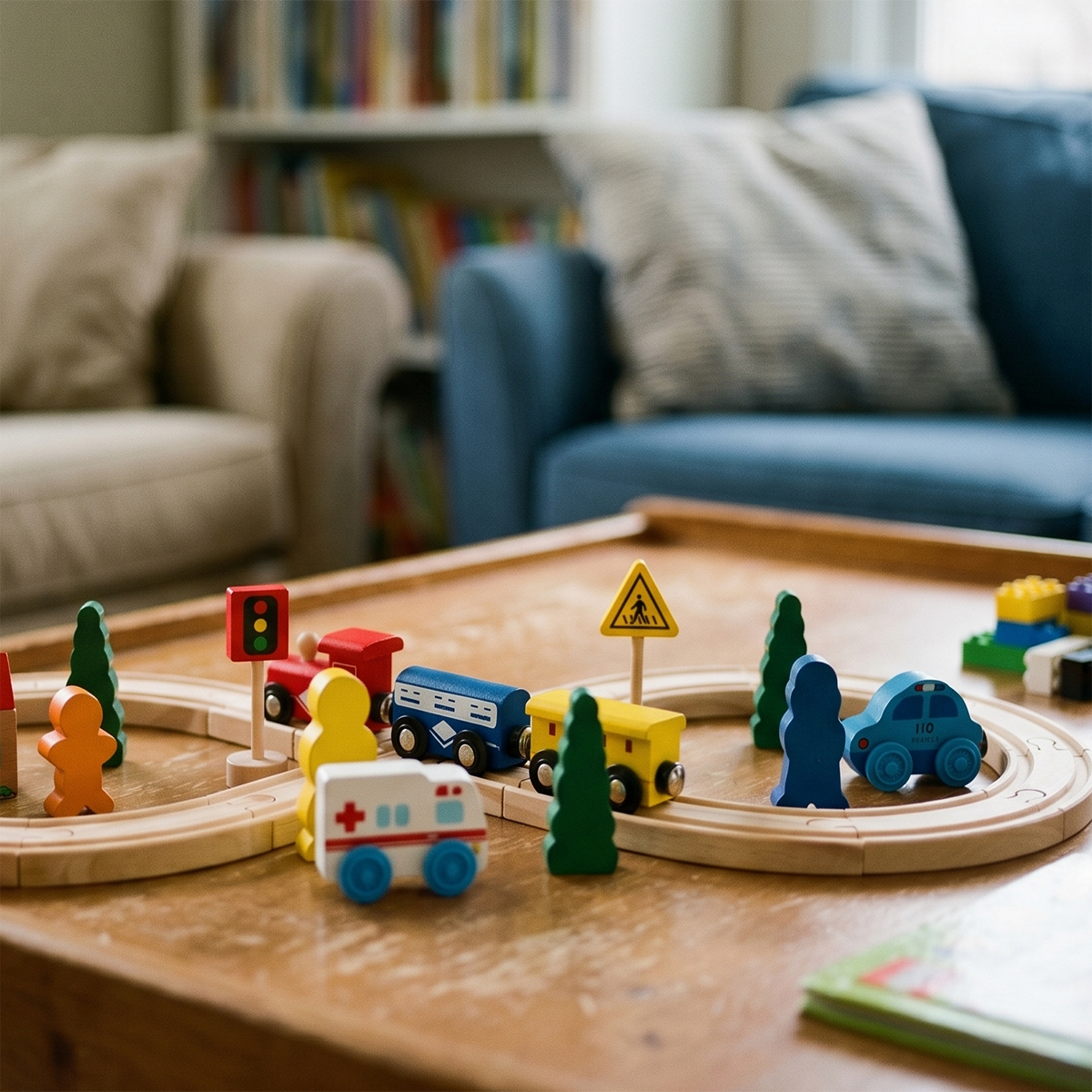 Overhead view of complete wooden train track set displayed on living room coffee table with colorful accessories