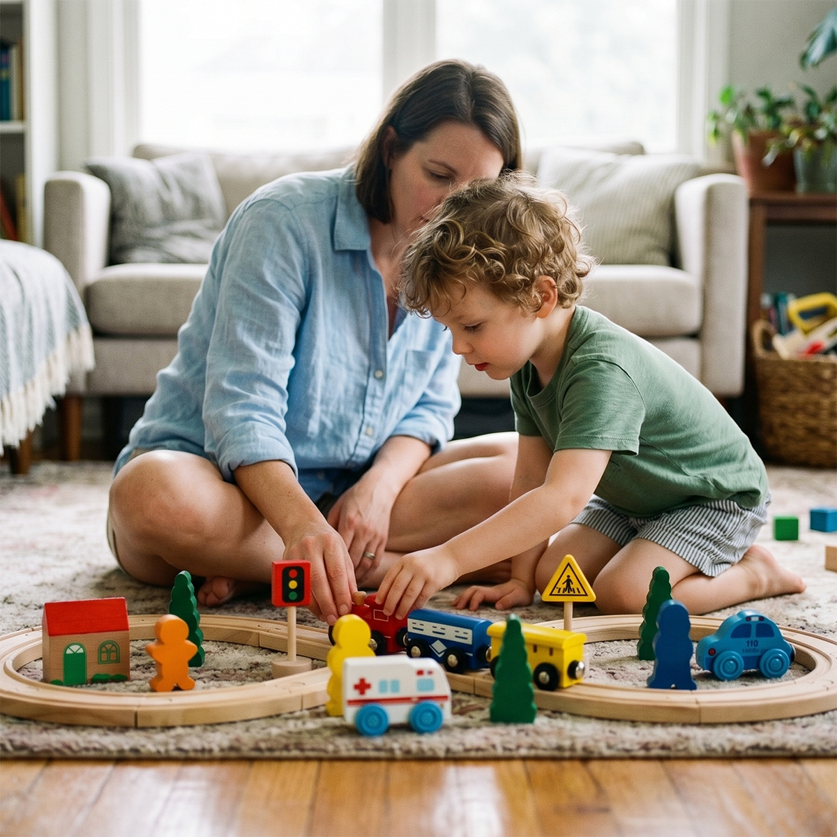 Mom accompanying toddler playing wooden train track toy on indoor floor, warm parent-child scene