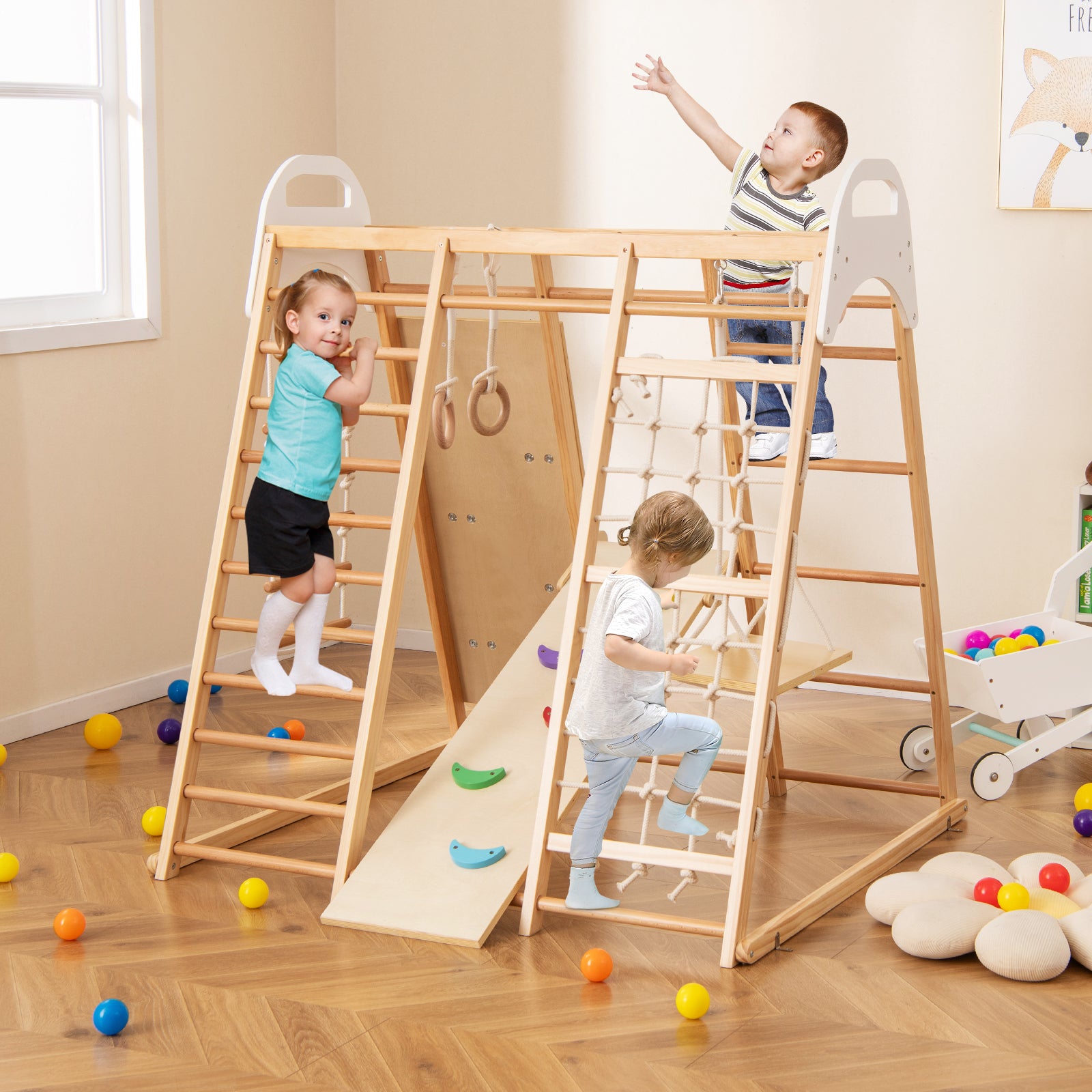 Montessori Wooden Indoor Jungle Gym with Monkey Bars with Reversible Slide and Swing