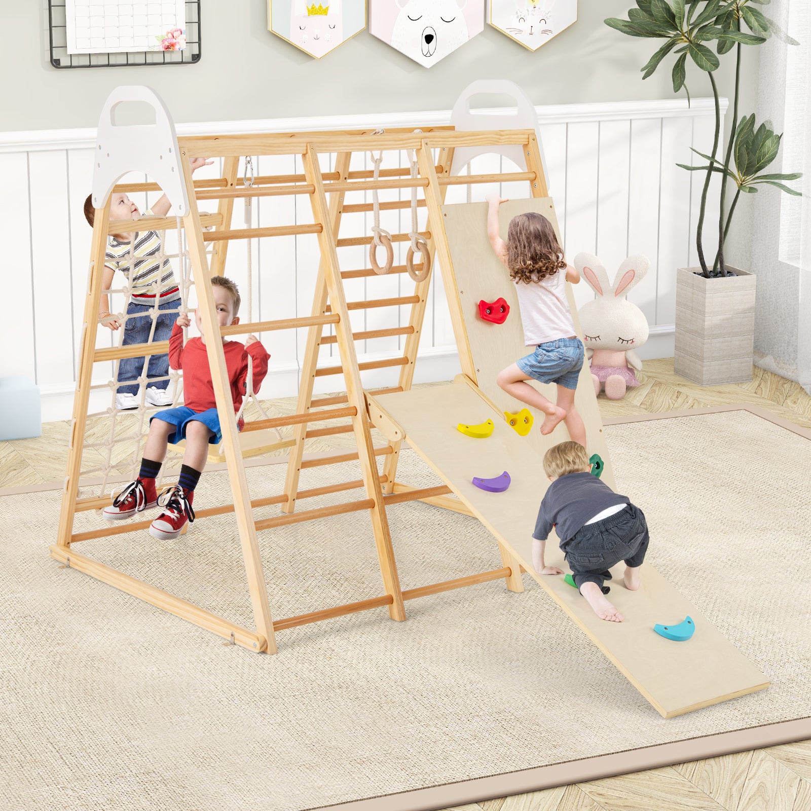 Montessori Wooden Indoor Jungle Gym with Monkey Bars with Reversible Slide and Swing