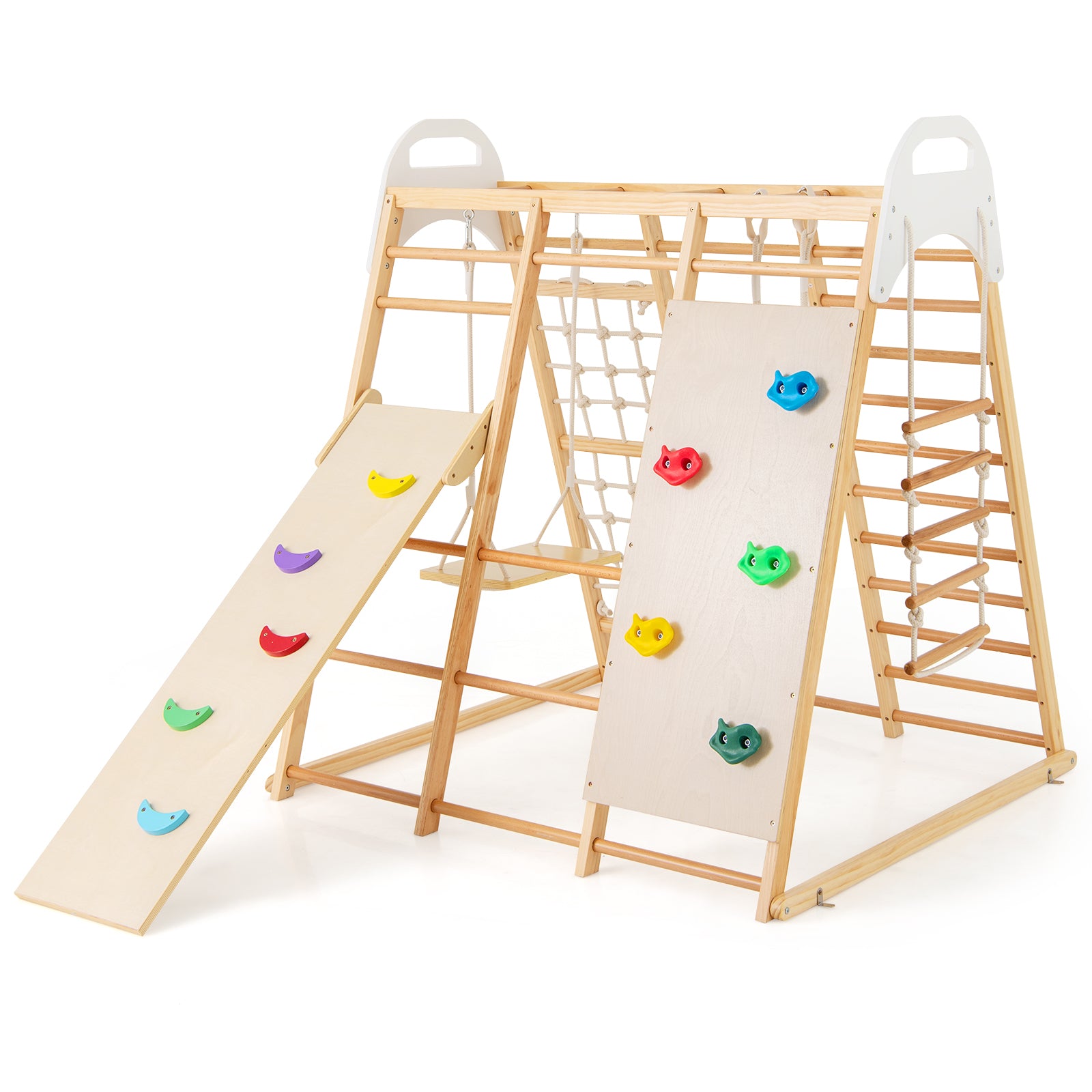 Montessori Wooden Indoor Jungle Gym with Monkey Bars with Reversible Slide and Swing