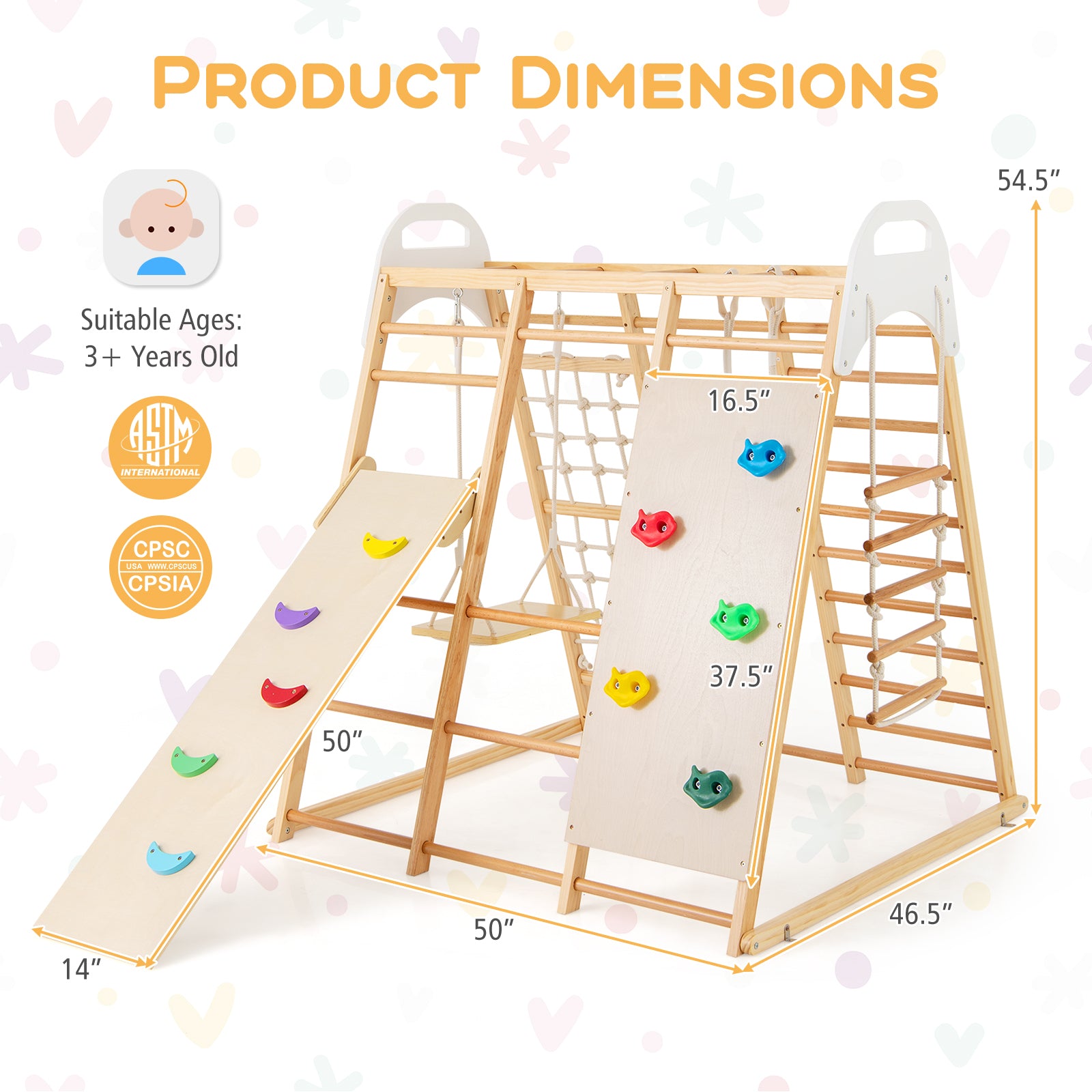 Montessori Wooden Indoor Jungle Gym with Monkey Bars with Reversible Slide and Swing