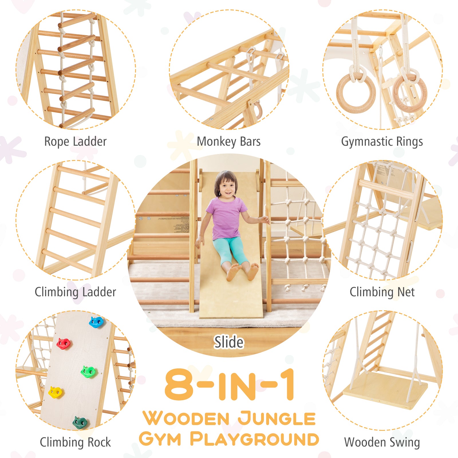 Montessori Wooden Indoor Jungle Gym with Monkey Bars with Reversible Slide and Swing