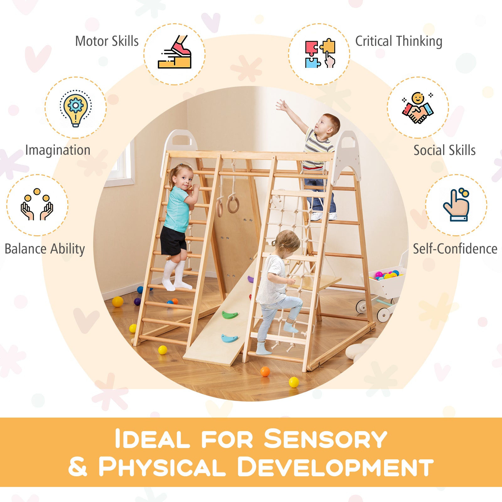 Montessori Wooden Indoor Jungle Gym with Monkey Bars with Reversible Slide and Swing